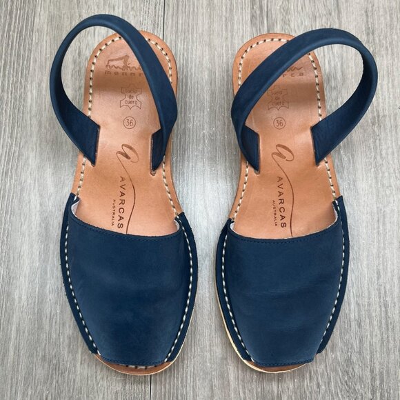 Avarcas Australia Wedge Sandal Womens 36 Cork Wedge Slingback Leather Navy Blue - Picture 3 of 10